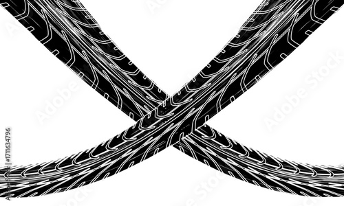 Grunge tire track, wheel braking marks. Truck, car or motorcycle tread pattern silhouette. Auto race, motorsport, speed racing design element. Vector illustration