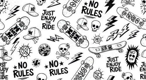 Dynamic skateboard pattern with skulls, caps, and lightning bolts for cool, edgy designs