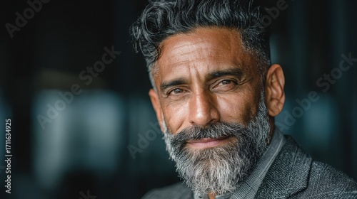 Portrait of a confident mature man with gray hair in Suit, staring intently with a slight smile at the viewer, showing experience and wisdom