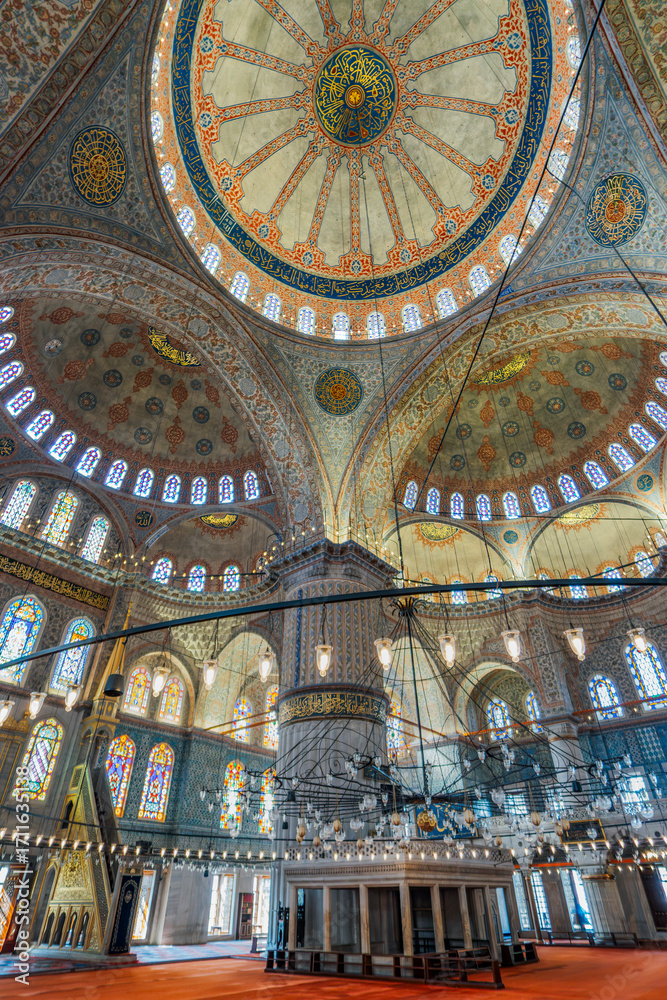 Obraz premium Blue Mosque Interior With Ornate Dome And Stained Glass Windows In Istanbul Turkey. Sultanahmet Camii prayer hall, Islamic, Iznik tiles, Ottoman