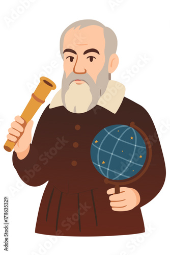 Galileo Galilei Renaissance Astronomer Holding Telescope and Globe Illustration