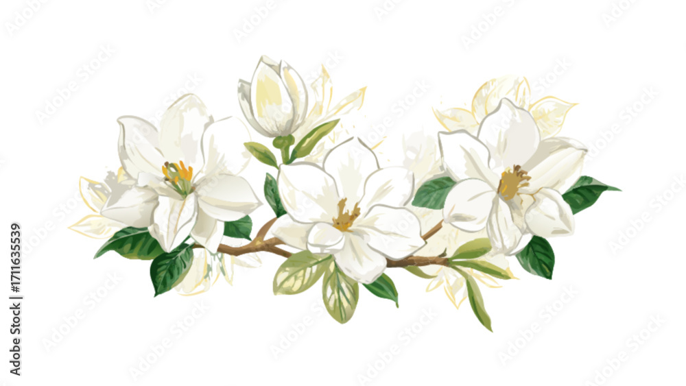 Fototapeta premium Watercolor illustration of white magnolia flowers and green leaves on a branch with a white background