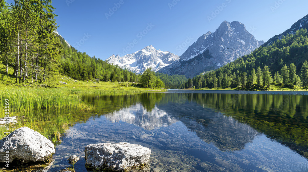 Naklejka premium Serene mountain landscape featuring clear lake reflecting surrounding peaks and lush greenery. scene evokes tranquility