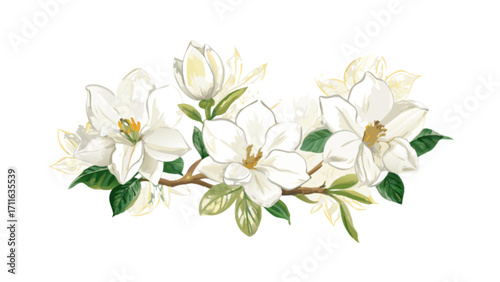 Watercolor illustration of white magnolia flowers and green leaves on a branch with a white background