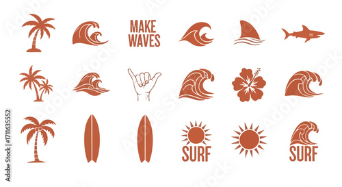 Vintage surf icons with palm trees, waves, shark, and sun symbols for beach designs