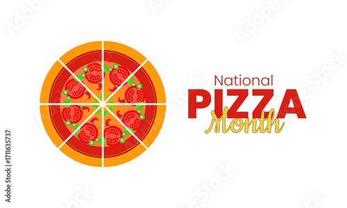 Delicious poster and banner design template for National Pizza Month featuring cheesy slices of pepperoni pizza on modern abstract background to celebrate culinary culture and food campaign