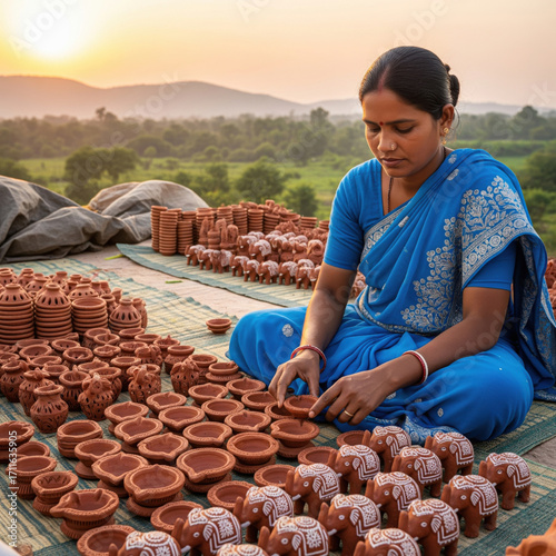 An artisan woman in a blue saree arranges handmade clay diyas and elephant figurines outdoors at sunrise.