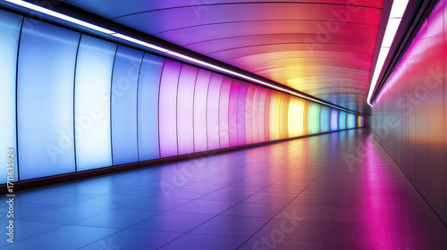 Vibrant, illuminated tunnel featuring kaleidoscope of colors, creating mesmerizing atmosphere. smooth, reflective floor