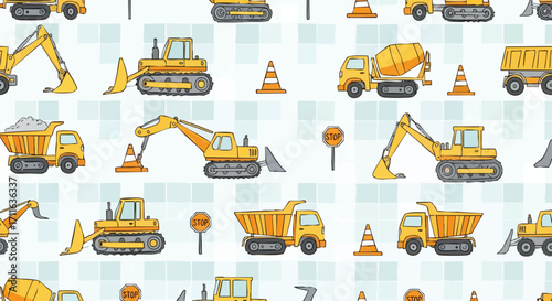 Playful construction vehicles pattern perfect for children's designs, backgrounds, and playful projects
