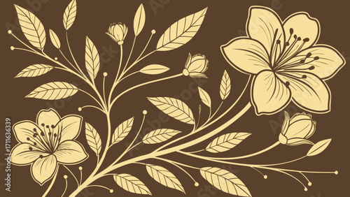 Floral arrangement with blooming flowers buds and leaves on a brown colored background design element