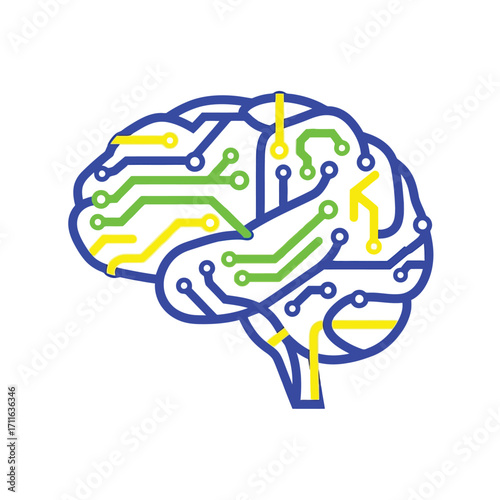 Conceptual illustration of a human brain merging with a digital circuit board representing artificial intelligence and machine learning