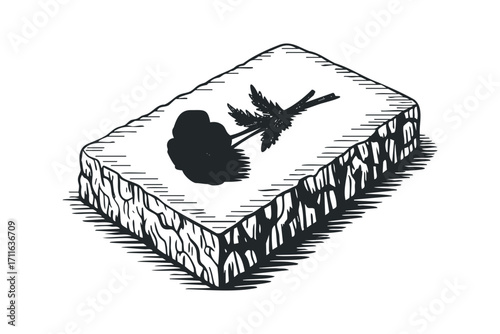 Black silhouette of a tropical leaf on a stone slab. Vector hand drawn illustration