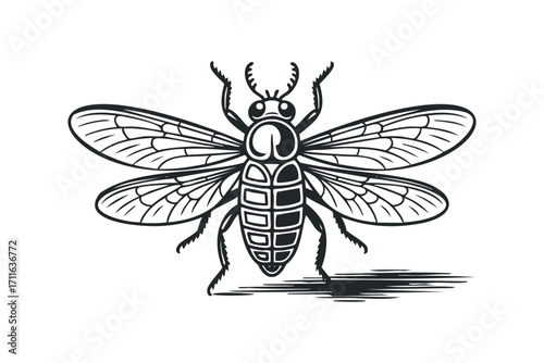 Detailed line art of a bee with prominent wings and segmented body on a transparent. Vector hand drawn illustration