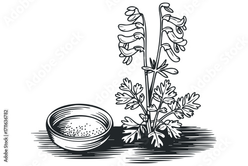 Botanical Line Drawing of Corydalis Flower with Seed Pod in Dish. Vector hand drawn illustration