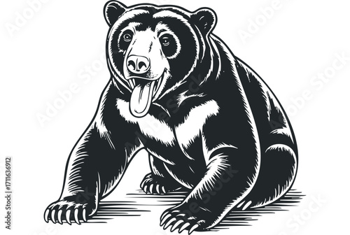 Black bear sitting with tongue out. Vector hand drawn illustration