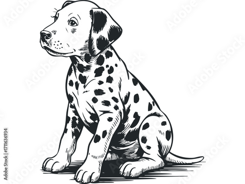 Dalmatian puppy dog sitting, outline graphic, isolated on transparent. Vector hand drawn illustration