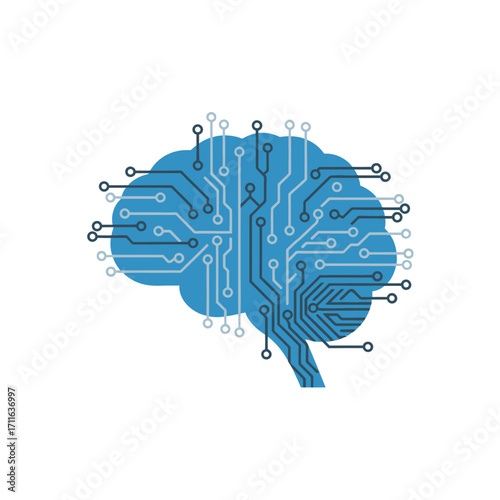 Conceptual illustration of a human brain merging with a digital circuit board representing artificial intelligence and machine learning