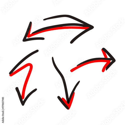 Hand drawn red and black arrows indicating direction and movement on a black background