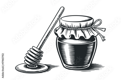 Jar of honey with dipper, isolated. Vector hand drawn illustration