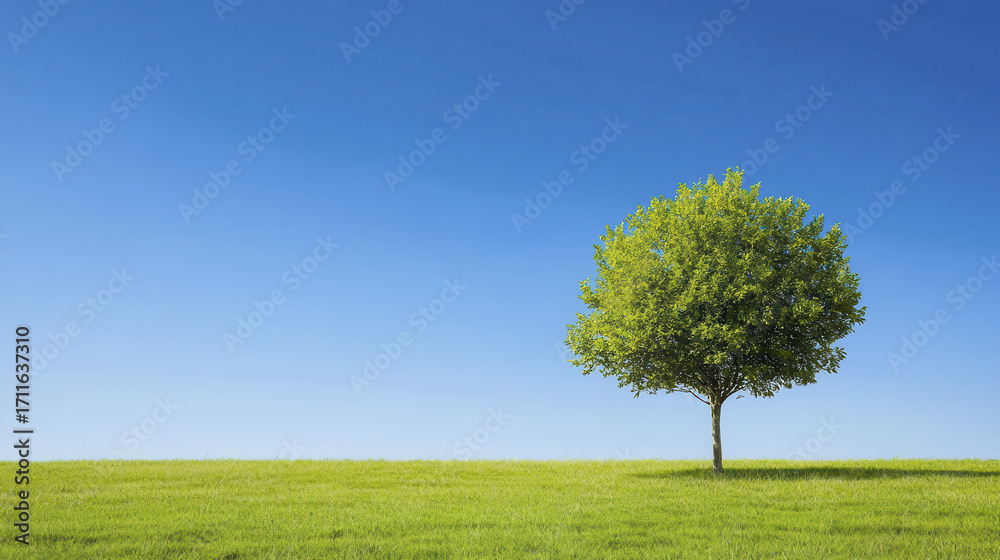 Obraz premium Vibrant green tree stands alone in lush field under clear blue sky, evoking sense of tranquility and peace