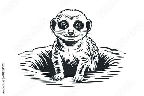 Meerkat peeking from burrow opening, black and white line art. Vector hand drawn illustration