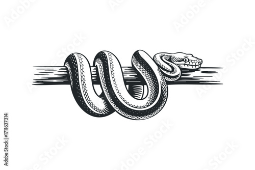 Black and white coiled serpent on wooden branch. Vector hand drawn illustration