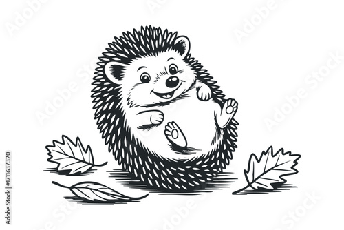 Happy hedgehog rolling among autumn leaves. Vector hand drawn illustration