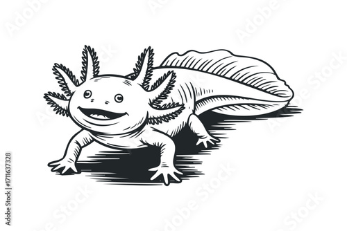 Smiling axolotl creature illustration on transparent. Vector hand drawn illustration
