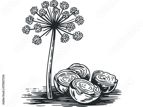 Line art depiction of a dill flower and sliced root vegetables on transparent background. Vector hand drawn illustration