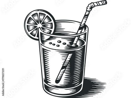 Black and white linocut style drawing of a tall glass of citrus juice with a straw and lemon slice. Vector hand drawn illustration