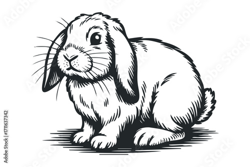 Black and white rabbit with floppy ears on transparent background. Vector hand drawn illustration