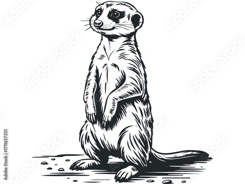 Meerkat standing alert on stony ground. Vector hand drawn illustration