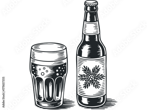 Glass of dark beer with bottle on transparent background. Vector hand drawn illustration