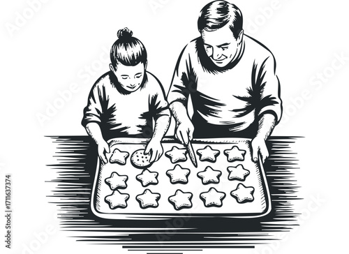 Father and child preparing star shaped cookies together on a baking sheet. Vector hand drawn illustration
