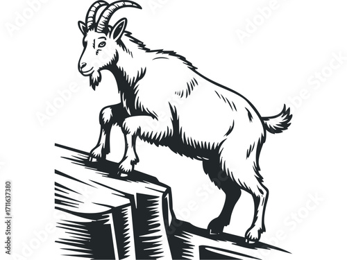 Mountain goat climbing rocky ledge, graphic. Vector hand drawn illustration