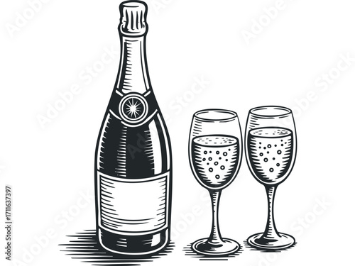 Sparkling wine bottle and two glasses with bubbles,. Vector hand drawn illustration