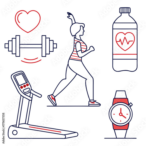 Healthy lifestyle icons featuring a woman running dumbbells treadmill water bottle and heart symbol