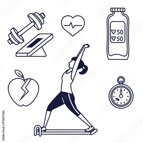 Healthy lifestyle icons featuring yoga woman dumbbell heart apple water bottle and stopwatch