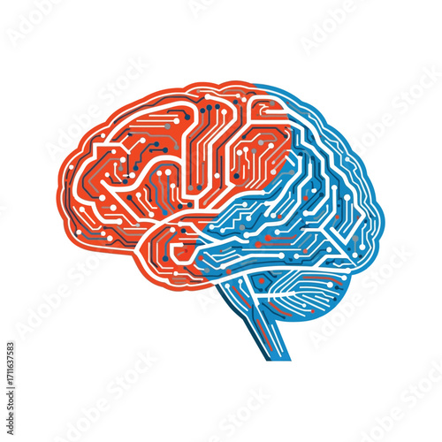Conceptual illustration of a human brain merging with a digital circuit board representing artificial intelligence and machine learning