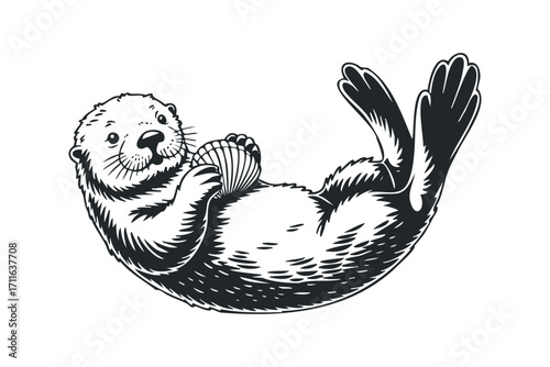 Cute otter holding seashell on transparent background. Vector hand drawn illustration