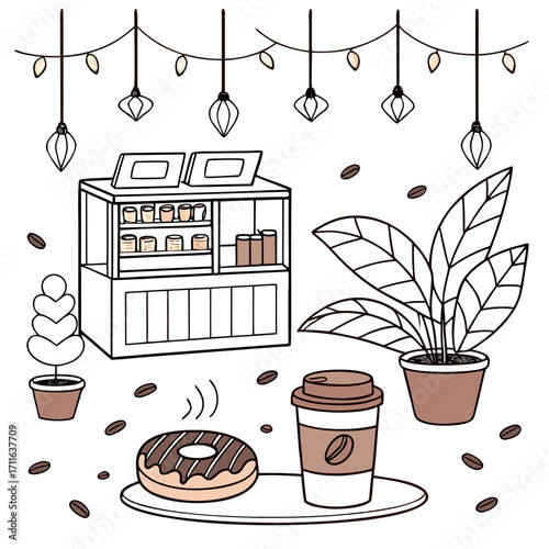 Cozy coffee shop scene with a display case coffee cup donut plants and string lights
