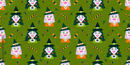 Cute Halloween vector seamless pattern. Fall wrapping paper design with witch faces, candies, treats