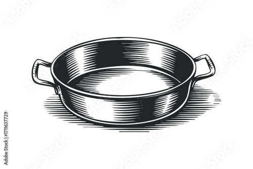 Round baking dish with handles line art on transparent. Vector hand drawn illustration