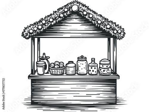 Market stall with jars and basket on transparent background. Vector hand drawn illustration