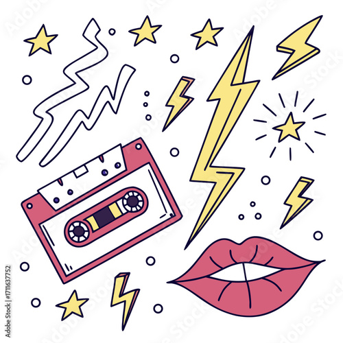 Retro 80s 90s pop culture elements with cassette tape lightning bolts and stars