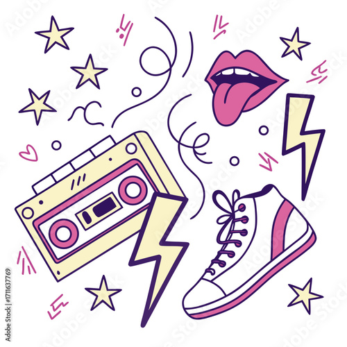 Retro 80s 90s pop culture doodles with cassette tape lips and sneaker for nostalgia