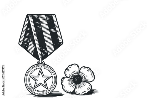 Vintage medal with star and ribbon next to a poppy flower. Vector hand drawn illustration