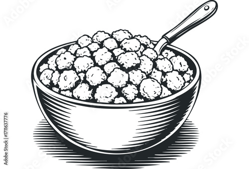 Bowl of meatballs with spoon on transparent background. Vector hand drawn illustration