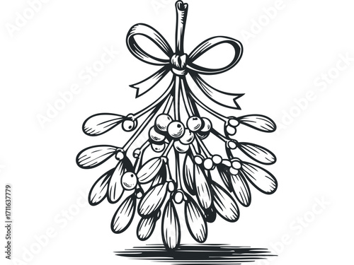 Line art bunch of mistletoe with bow on transparent background. Vector hand drawn illustration