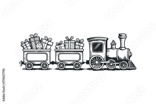 Toy Steam Train Delivering Gifts Graphic. Vector hand drawn illustration
